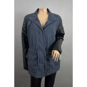 Rock & Republic Jacket Women L Blue Black Faux Leather Sleeve Moto Utility Flaw